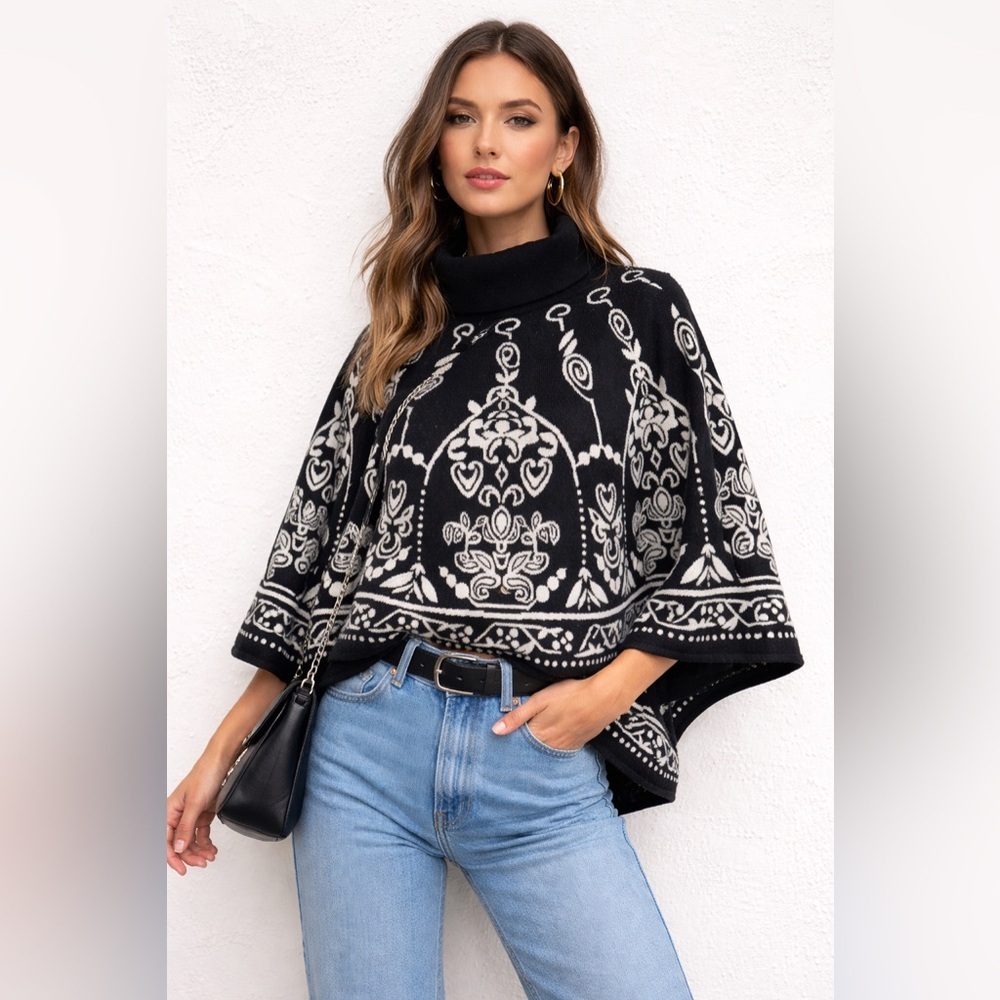 Max Mara 100% Wool Graphic Knit Turtleneck Poncho Cape
